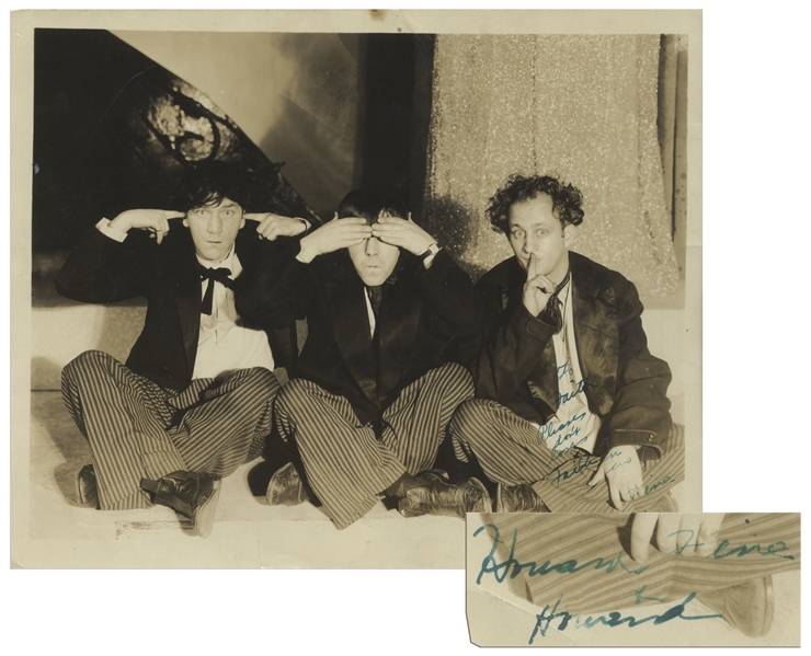 Moe Howard Signed Three Wise Monkeys Photo, Circa 1931 -- Moe Inscribes in Green Ink, ''To Faith / Please don't lose Faith in us / Howard, Fine & Howard'' -- 10'' x 8'' Glossy Is Very Good
